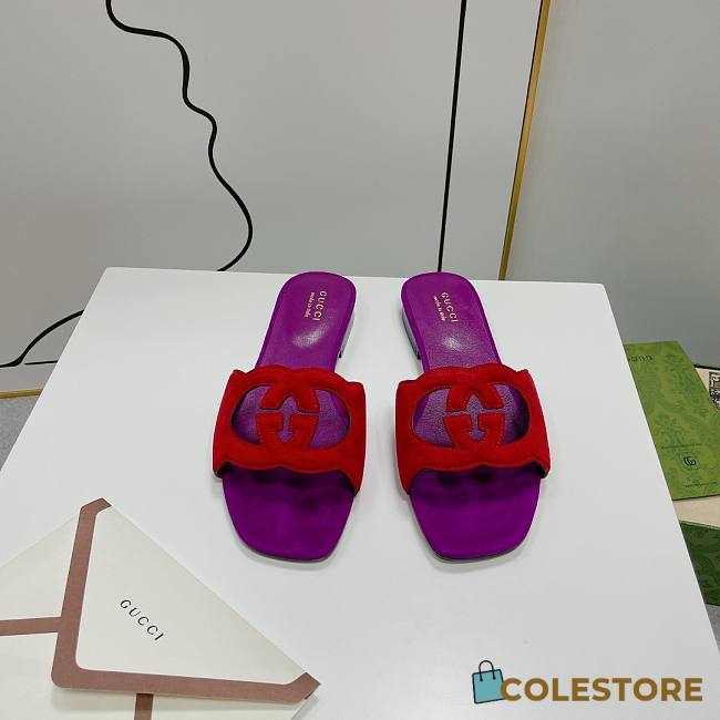 	 Gucci Women's Interlocking G Cutout Leather Sandals Red/ Purple Size 35-41cm - 1