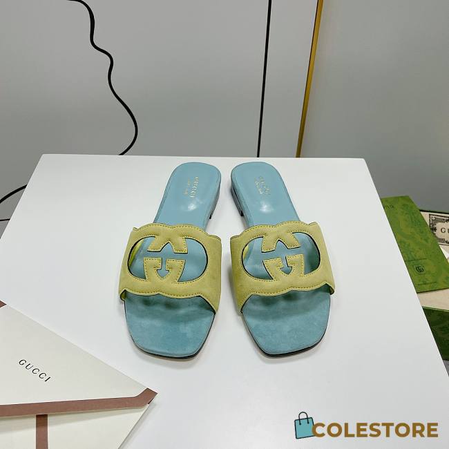 	 Gucci Women's Interlocking G Cutout Leather Sandals Yellow/ Light Blue Size 35-41cm  - 1