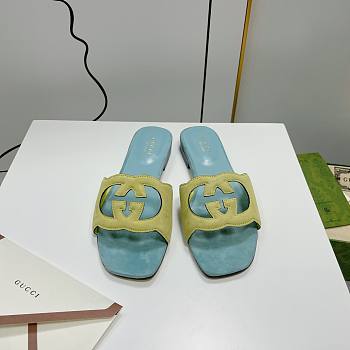 	 Gucci Women's Interlocking G Cutout Leather Sandals Yellow/ Light Blue Size 35-41cm 