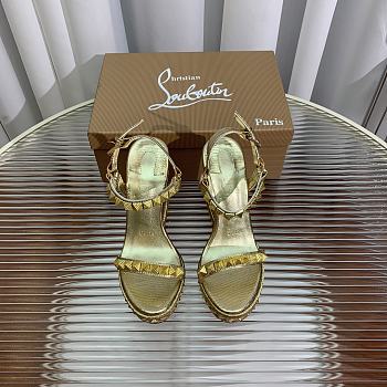 	 Christian Louboutin Women's Pyraclou Glitter Wedge Gold Sandals 12cm