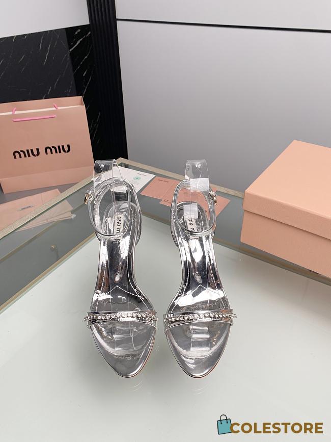 Miu Women's Miu Metallic Crystal-Embellished Leather Ankle-Strap Sandals Silver 8.5cm - 1