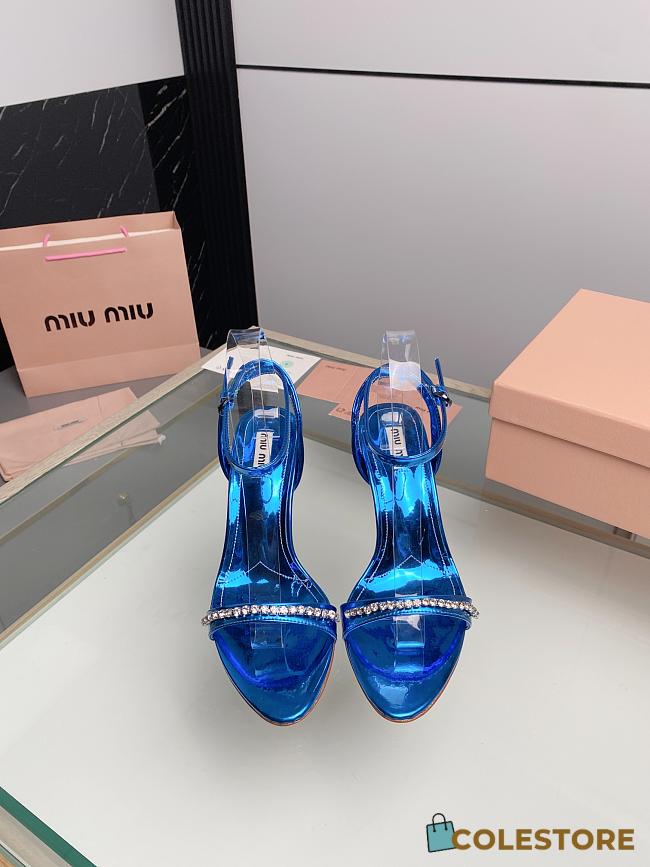 Miu Women's Miu Metallic Crystal-Embellished Leather Ankle-Strap Sandals 8.5cm Blue  - 1