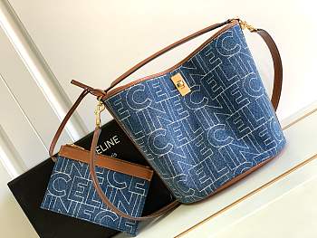 Celine Women Bucket 16 Bag in Denim with Celine All-Over Print-Navy 23 X 25 X 23