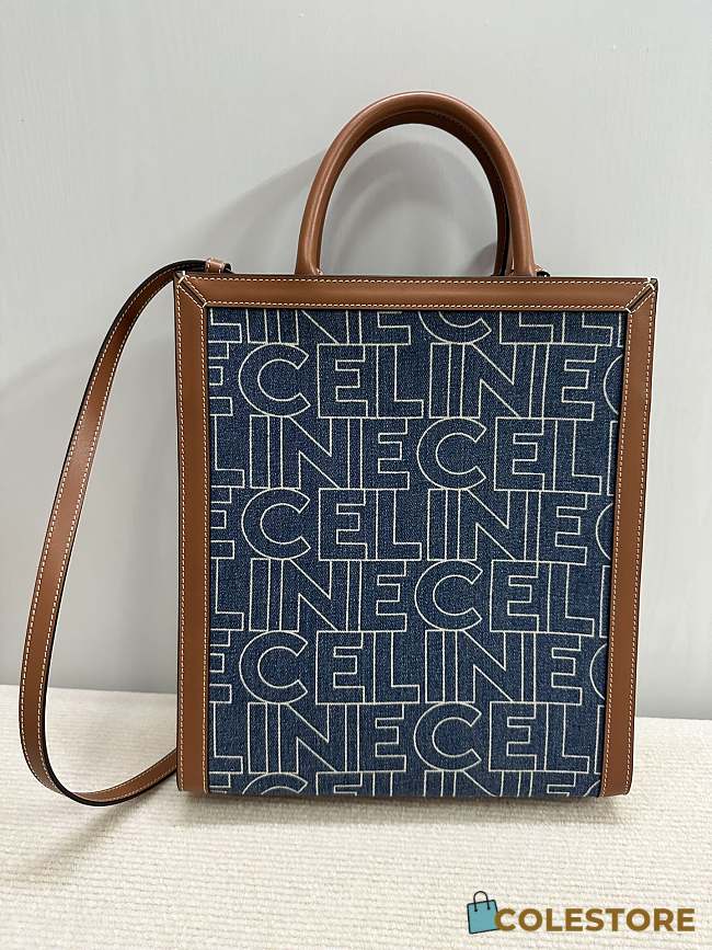 Vertical Cabas Celine In Denim With Celine All-Over Printnavy / Tan - 1