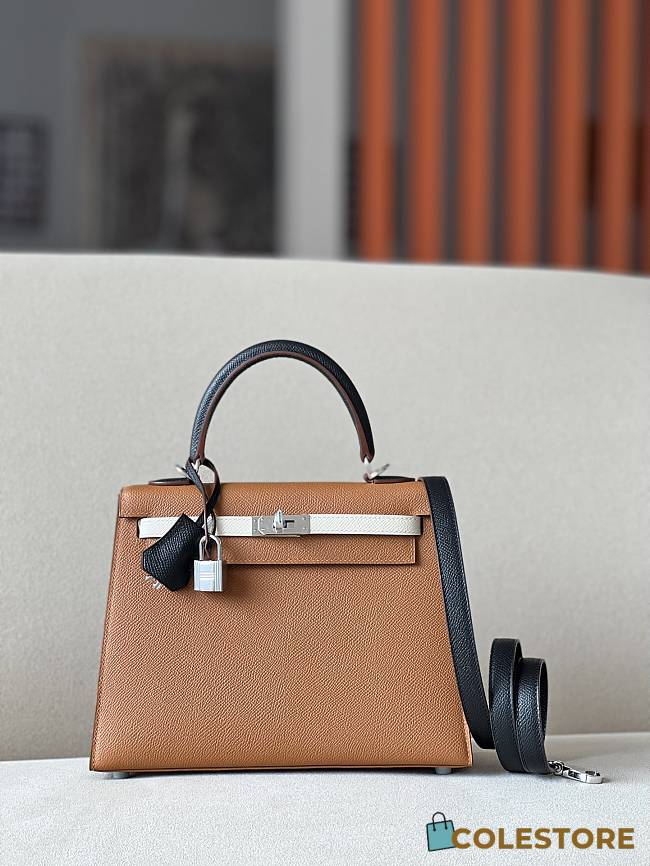 Hermes Kelly Epsom Leather Brown/Black/White Size 25*17*7cm - 1