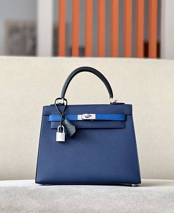 	 Hermes Kelly Epsom Leather Blue Size 25*17*7cm