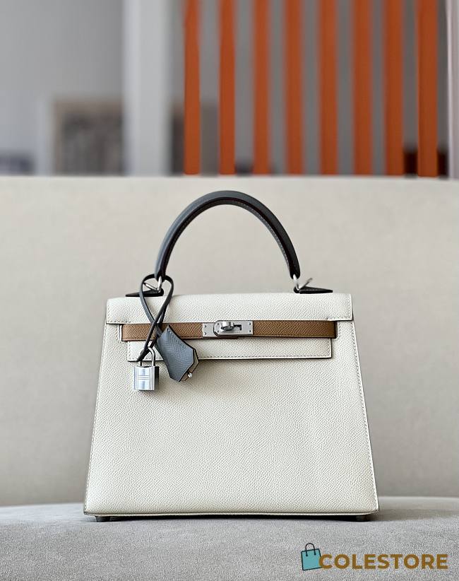 	 Hermes Kelly Epsom Leather White Size 25*17*7cm - 1