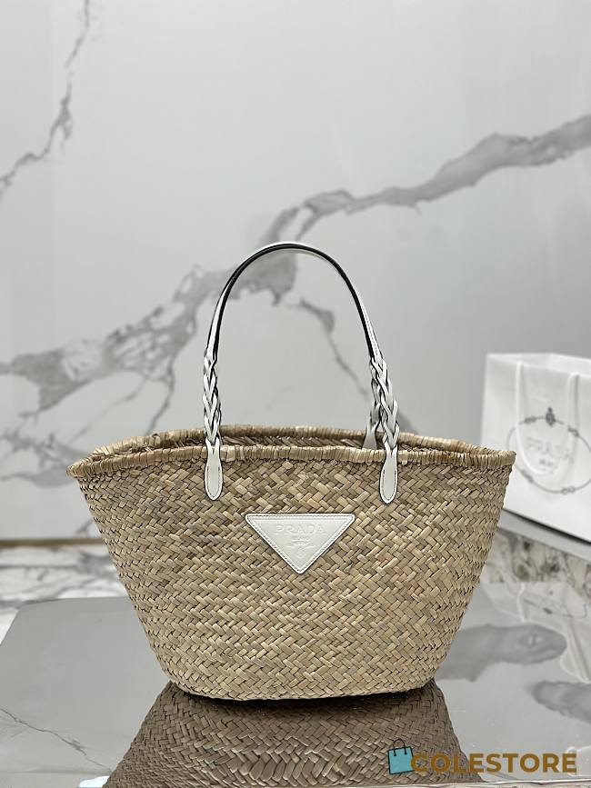 Prada Woven Palm and Leather Tote White 25×48×16cm - 1