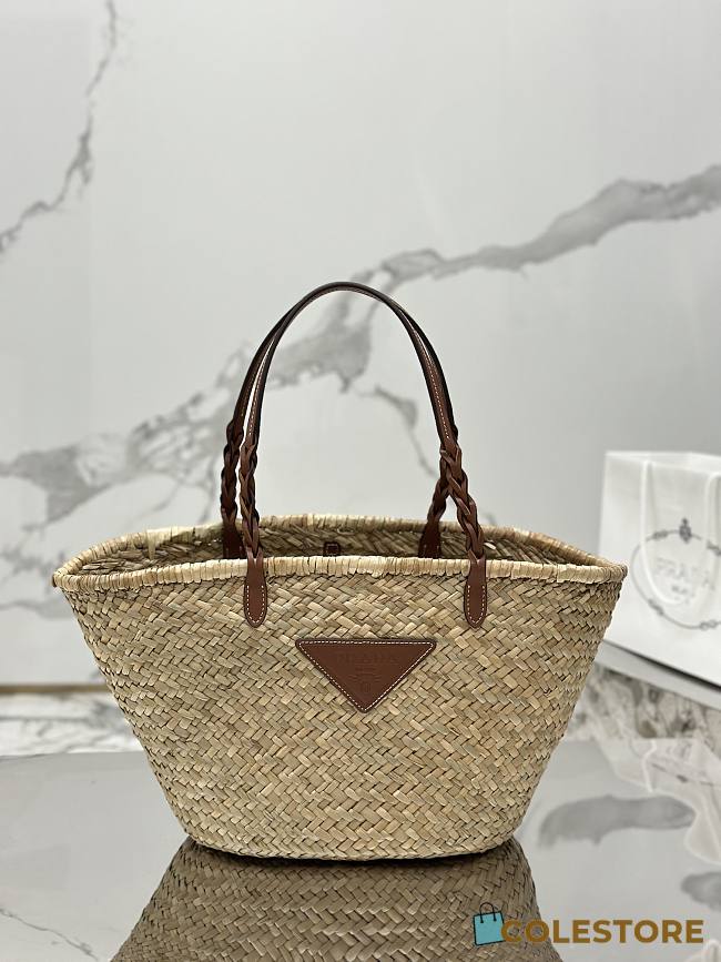 	 Prada Woven Palm and Leather Tote Brown 25×48×16cm - 1