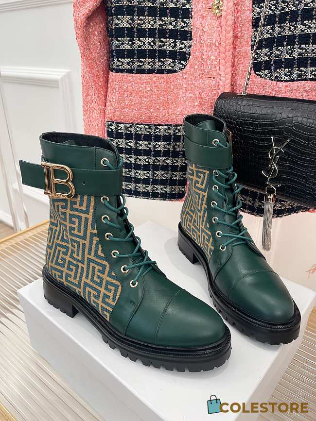 	 Balmain Romy Monogram Jacquard Leather Combat Boots Green - 1