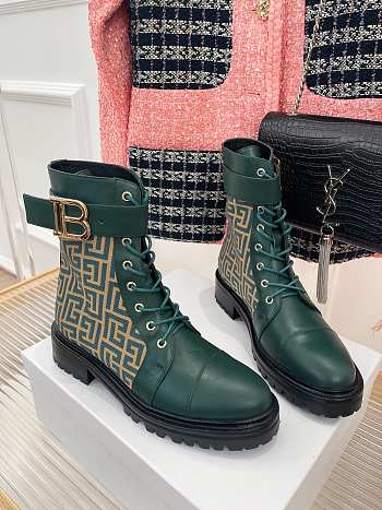 	 Balmain Romy Monogram Jacquard Leather Combat Boots Green