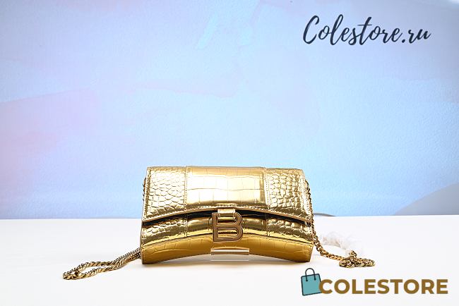 Colestore Balenciaga Hourglass Croc-Embossed Leather Wallet-On-Chain In Gold Size 19cm - 1
