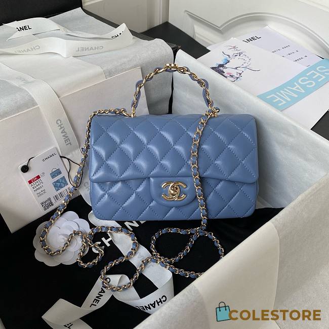 	 Colestore Chanel Mini Flap Bag with Top Handle Blue x Gold Hardware 20x12x6cm  - 1