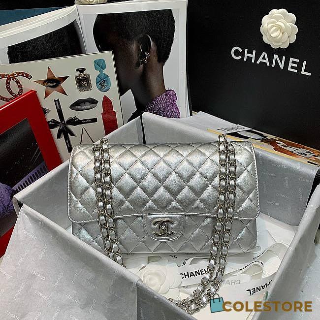 Colestore Chanel Silver Lambskin Medium Double Flap Bag Size 25cm - 1