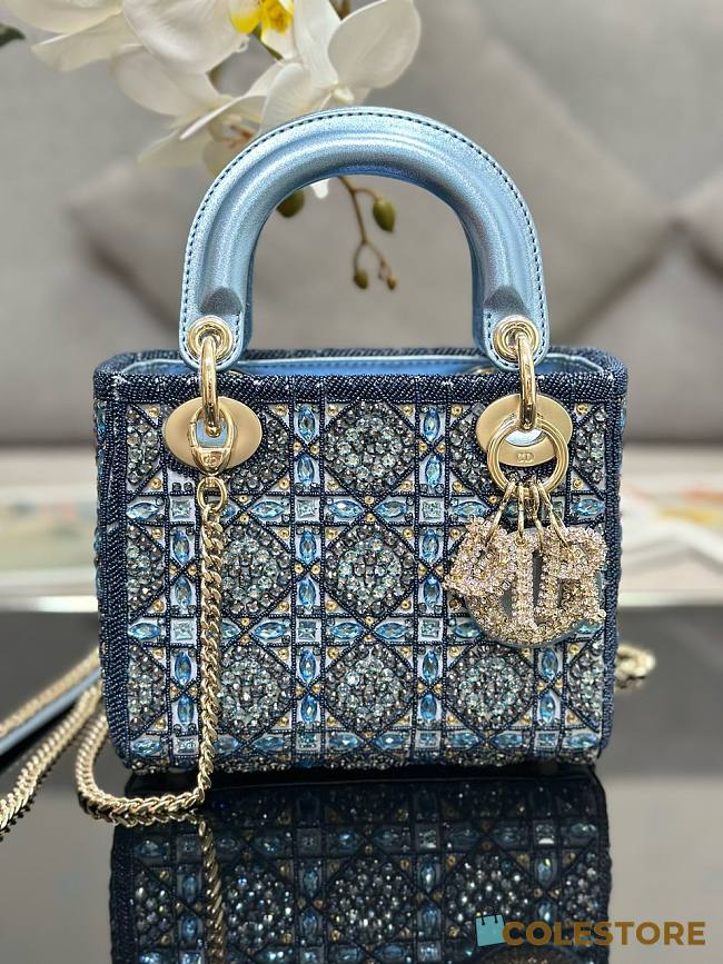 Colestore Dior Lady Small Metallic Calfskin and Satin with Celestial Blue Bead Embroidery  - 1