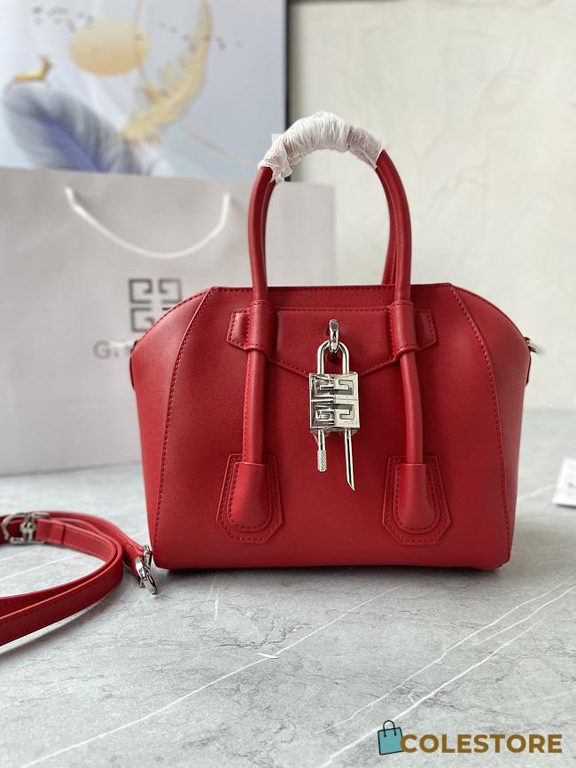 Colestore Givenchy Mini Antigona Lock Leather Bag Burgundy Red 23x27x13cm - 1