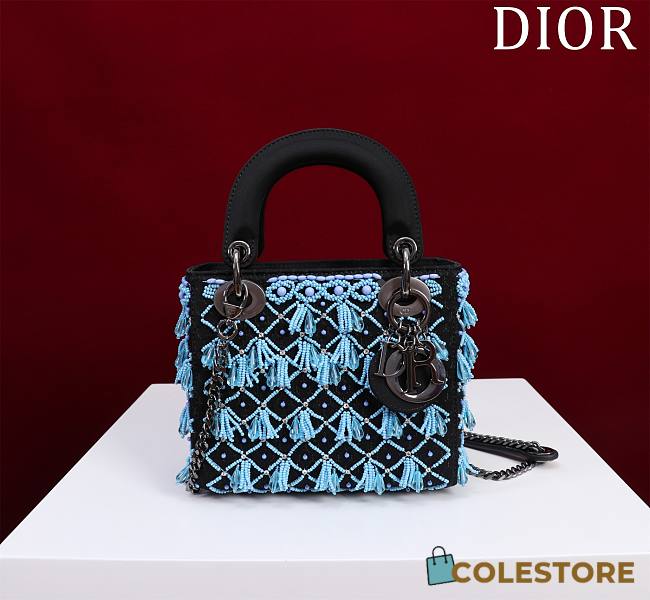 Colestore Dior Lady Black Satin Embroidered With Turquoise Beaded 17*15*7cm - 1