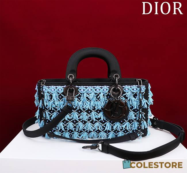 	 Colestore Dior Lady D Joy Black Satin Embroidered With Turquoise Beaded 26x13.5x5cm - 1