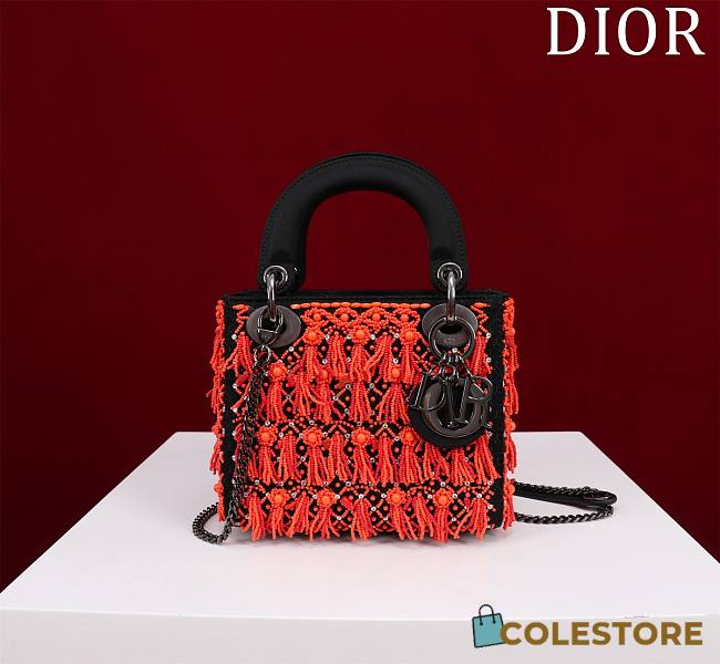 	 Colestore Dior Lady Black Satin Embroidered With Turquoise Beaded Orange 17*15*7cm - 1