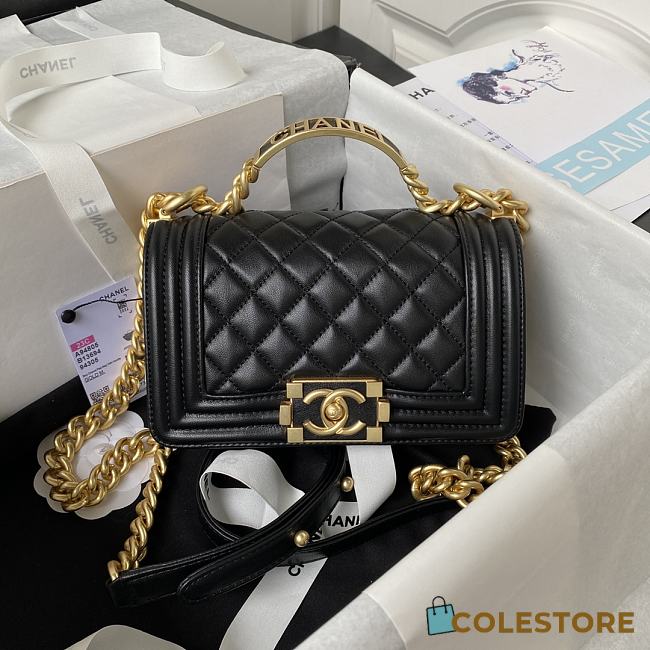 	 Colestore Chanel Boy Flap Bag Grained Shiny Calfskin & Gold-Tone Metal Black Size 20cm - 1