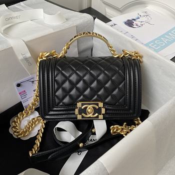 	 Colestore Chanel Boy Flap Bag Grained Shiny Calfskin & Gold-Tone Metal Black Size 20cm