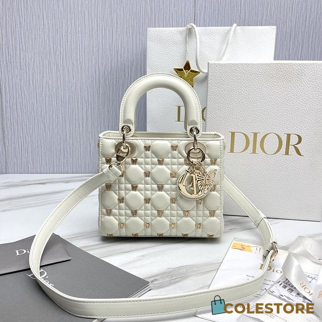 Colestore Lady Dior Small Bag White Cannage Lambskin with Gold-Finish Butterfly Studs - 1