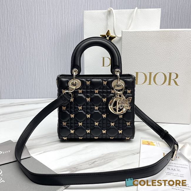 	 Colestore Lady Dior Small Bag Black Cannage Lambskin with Gold-Finish Butterfly Studs - 1