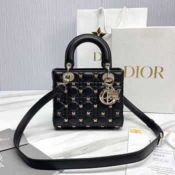 	 Colestore Lady Dior Small Bag Black Cannage Lambskin with Gold-Finish Butterfly Studs