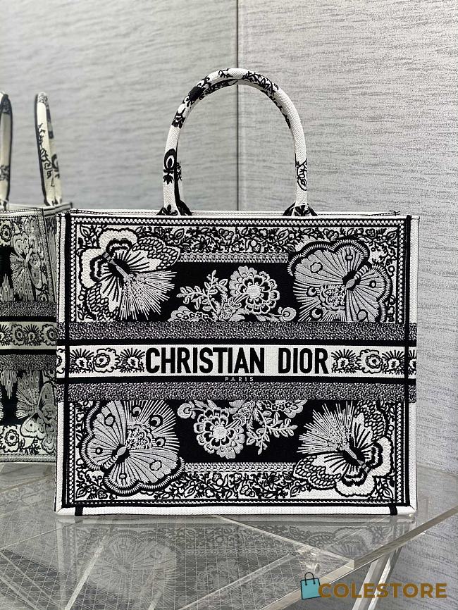 Colestore Large Dior Book Tote Black Multicolor Butterfly Bandana Embroidery (42 x 35 x 18.5 cm) - 1