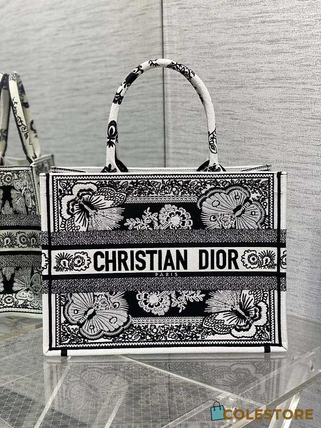 	 Colestore Medium Dior Book Tote Black Multicolor Butterfly Bandana Embroidery 36*18*28cm - 1