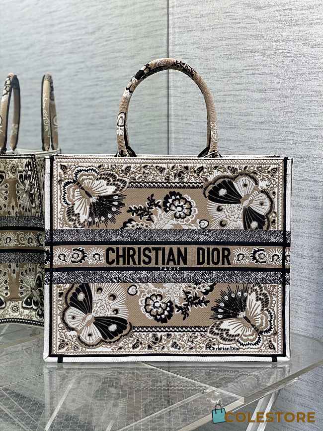 	 Colestore Medium Dior Book Tote White Multicolor Butterfly Bandana Embroidery 41*35*18cm - 1
