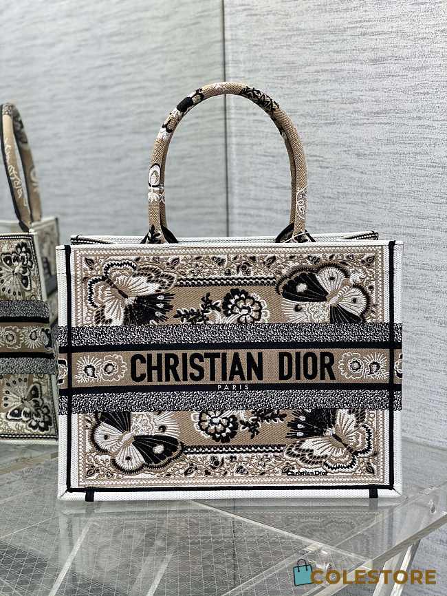 	 Colestore Medium Dior Book Tote White Multicolor Butterfly Bandana Embroidery 36*18*28cm - 1