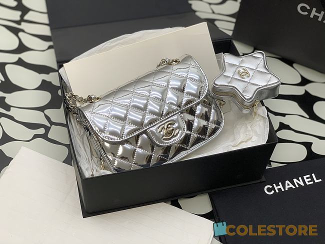 Colestore Chanel Mini Flap Bag & Star Coin Purse Metallic Calfskin & Gold-Tone Metal Silver - 1