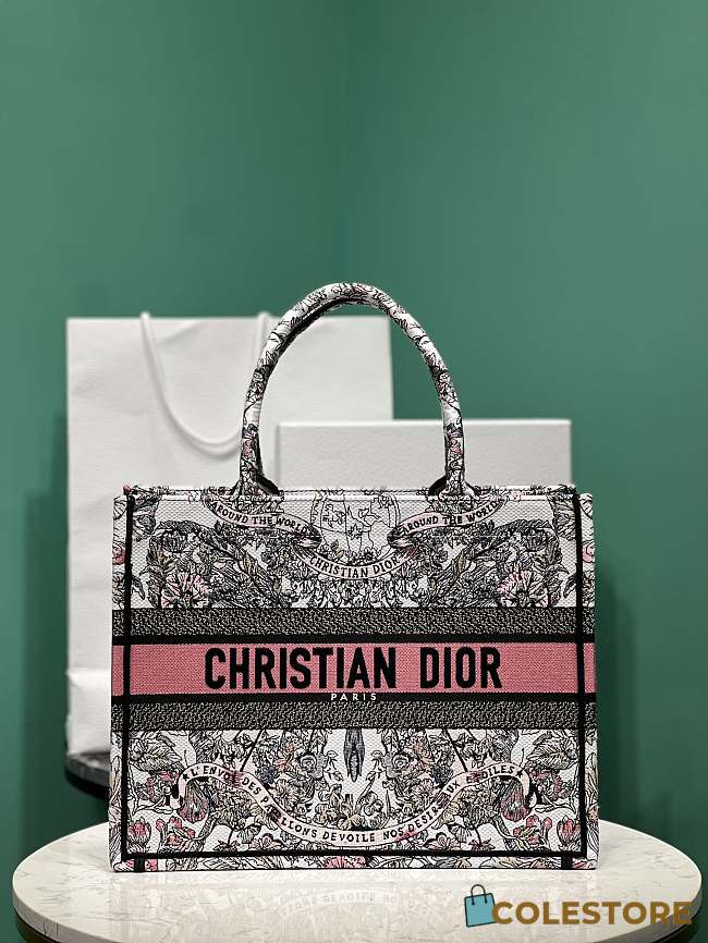 Colestore Medium Dior Book Tote White and Pastel Pink Butterfly Around The World Embroidery 36*18*28cm - 1