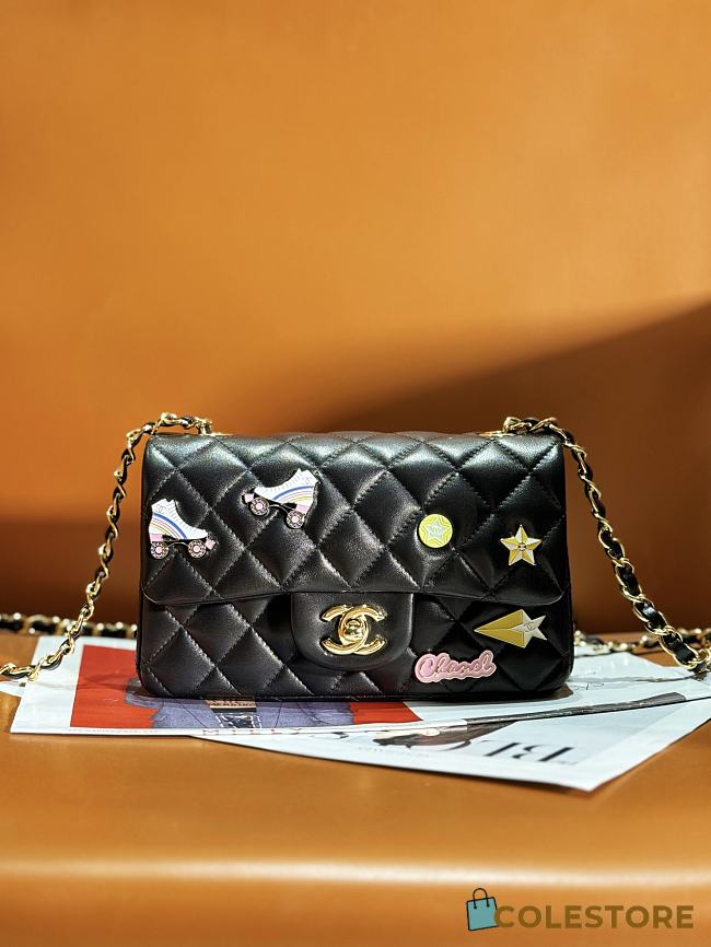 	 Colestore Chanel Classic Lambskin, Enamel & Gold-Tone Metal Coral Black 20CM - 1