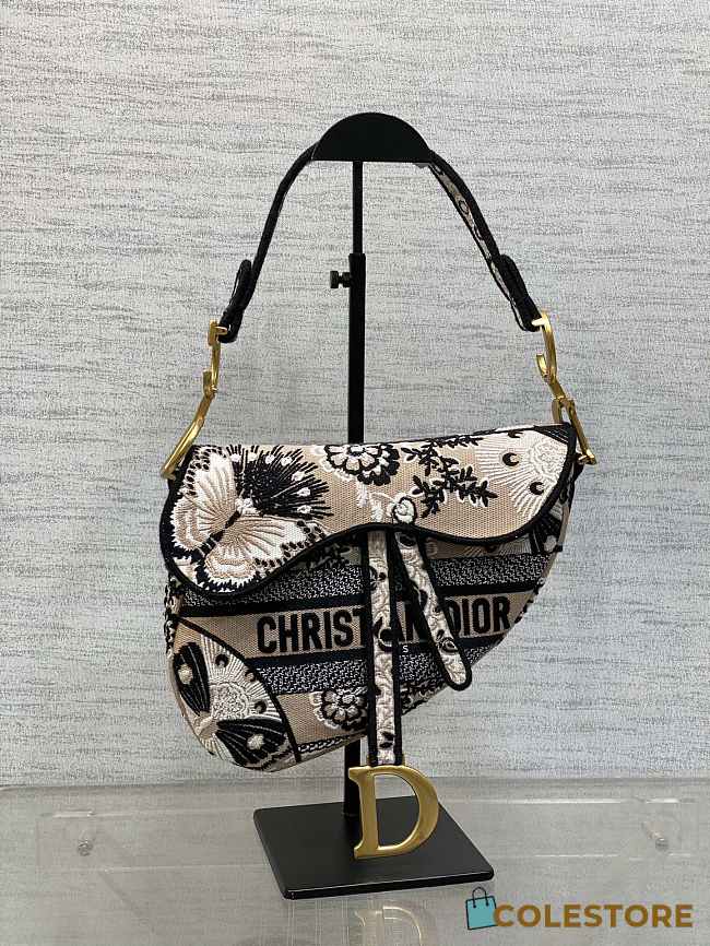 Colestore Dior Saddle-Tas Beige Veelkleurig Butterfly Bandana-Borduurs 25cm - 1