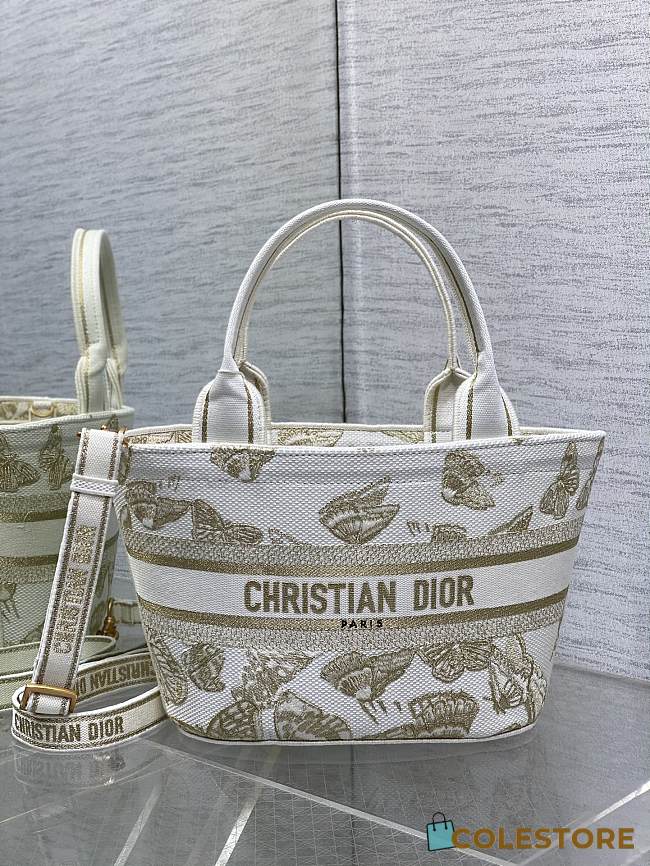Colestore Dior Hat Basket Bag White and Gold-tone Gradient Butterflies Embroidery - 1