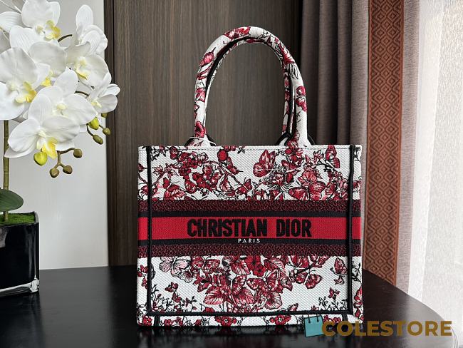 	 Colestore Small Dior Book Tote White and Red Embroidery 26.5 x21 x14cm - 1