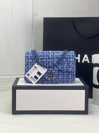 Chanel Flap Bag Tweed & Silver-Tone Metal Blue & White 25cm