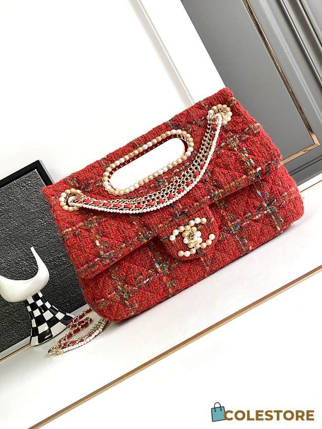 Chanel Large Flap Bag Top Handle Tweed Red  - 1