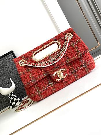 Chanel Large Flap Bag Top Handle Tweed Red 