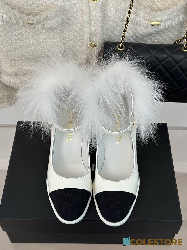 	 Colestore Chanel Patent Shearling Lambskin Mary Jane Pumps White  - 1