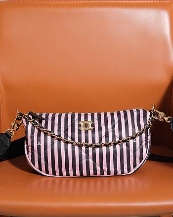 Colestore Chanel Hobo Bag Printed Fabric & Gold Metal Pink & Black 16x30x10cm