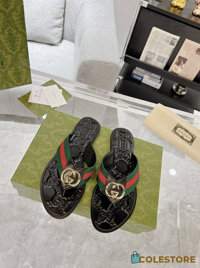 Colestore Gucci GG Thong Dark Green & Red Nylon Web Sandals - 1