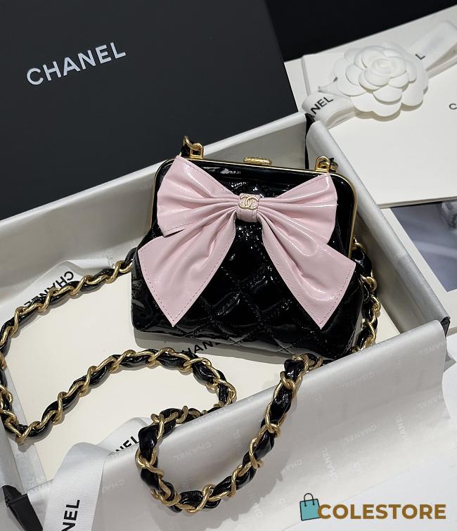 Chanel Pink Bow Clutch With Chain Black Leather 13x10x3.5cm - 1