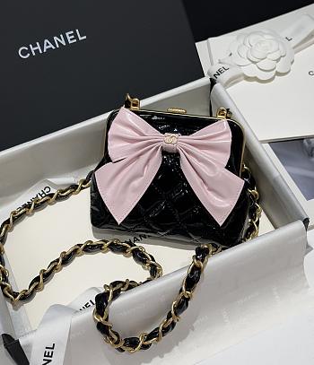 Chanel Pink Bow Clutch With Chain Black Leather 13x10x3.5cm