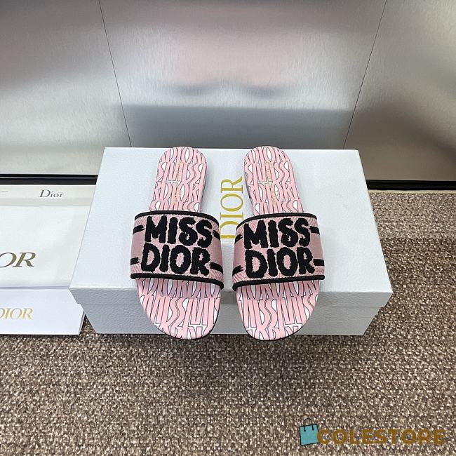 Dior Dway Heeled Slide Embroidered Cotton and Pale Pink Miss Dior Allover Motif - 1