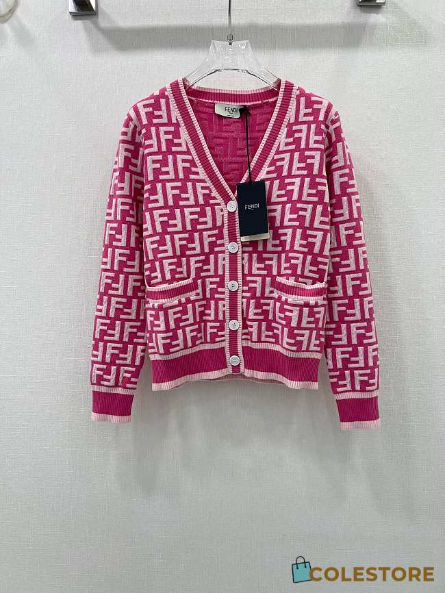 Fendi FF Motif V-Neck Cardigan Pink & White - 1