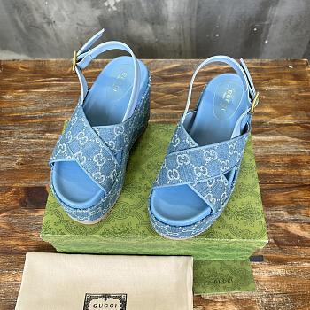 Gucci Women's Supreme Platform Slide Sandal Light Blue And Ivory GG Denim 