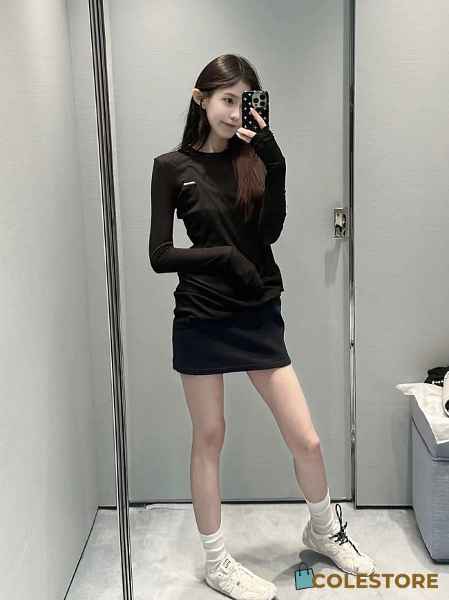 MiuMiu Ribbed Knit Jersey Dress Black  - 1